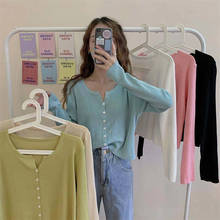 Cárdigan de punto fino de estilo coreano para mujer, suéter holgado de manga larga con cuello redondo y una hilera de botones, novedad de 2021 2024 - compra barato