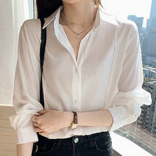 Белая шифоновая блузка с длинным рукавом, рубашка, офисная блузка с отложным воротником, женские топы, блузка, женская модная блузка, E451, 2021 2024 - купить недорого