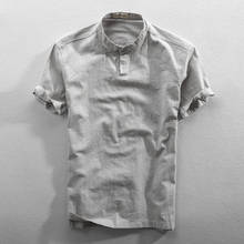 Camiseta de lino y algodón para hombre, camisa de manga corta y cuello levantado de Color sólido, estilo japonés, informal, de verano 2024 - compra barato