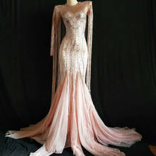 Wome-Vestido largo rosa con borlas para mujer, traje Sexy con diamantes de imitación brillantes para fiesta de noche, discoteca, fiesta, cantante, ropa de escenario