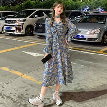 Long Sleeve Dress Women Floral Print V-neck Empire Flare Korena Style Ulzzang Sweet Midi All-match Trendy Casual Sweet Chic 2XL 2024 - buy cheap