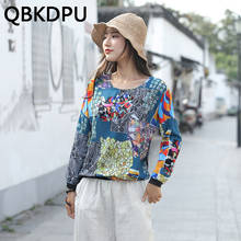 Vintage Printing Chiffon Floral Tee Women Casula Loose Long Sleeve T-shirt Korean Fashion Short Pullover Spring Plus Size tops 2024 - buy cheap