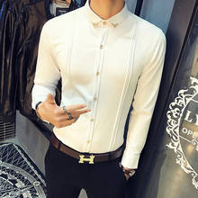 Men's Pleated Solid Color Slim Fit Tuxedo Shirts Male Long Sleeve England Style Casual Social Prom Dress Blouses 2024 - buy cheap