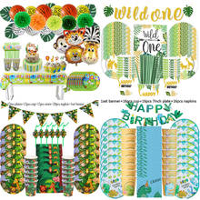 Jungle Safari Birthday Party Decoration Disposable Tableware Set Jungle Animal Dinosaur Party 1st Birthday Boy Baby Shower Favor 2024 - купить недорого