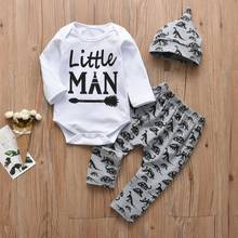 Newborn Baby Boy Cotton Romper 3Pcs Clothes Set Fashion Letters Infant Long Sleeve Bodysuit Top+Dinosaur Print Pants+Hat Suit 2024 - buy cheap