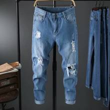 Wholesale 2022 Fashion Casual Men's Young Handsome Beggar Hole Small Feet Jeans Korean Slim Casual Wild Cropped Denim Pants 2024 - buy cheap