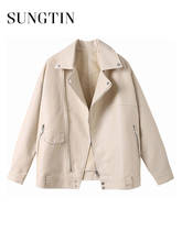 Sungtin jaqueta de couro ecológico feminina, casaco de couro sintético bege, de outono, grande, solto, para motociclista 2024 - compre barato