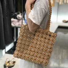 Bolsa de ombro feminina de palha, sacola de vime com pérolas, design casual, bolsa de praia, rattan para verão 2024 - compre barato