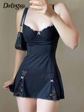 Платье-Мини Черное Кружевное составного кроя с бантом на бретельках 2024 - купить недорого