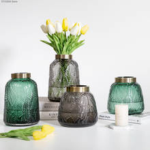 Vaso de vidro redondo minimalista, vaso de vidro transparente com textura de folha de vidro verde, moderno para decoração de flores da sala de estar 2024 - compre barato