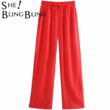 Тонкие летние женские повседневные брюки SheBlingBling, модные эластичные прямые брюки с завязками и высокой талией, красные женские брюки 2024 - купить недорого