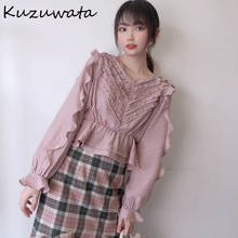 Kuzuwata-Blusa de manga larga con volantes para Primavera, camisa elegante con cuello en V, cintura ajustada, 2021 2024 - compra barato