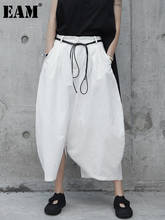 [EAM] 2021 новые весенне-осенние белые свободные широкие брюки с высокой талией на завязках большого размера модные женские брюки JR505 2024 - купить недорого