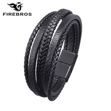 FIREBROS-pulsera de cuero genuino para hombre, brazalete con hebilla magnética de acero inoxidable, multicapa, Color negro, dorado y plateado, regalo de joyería 2024 - compra barato