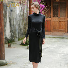 VOA-Vestido corto clásico de cuello alto para mujer, prenda ajustada y elegante de seda, color negro liso, para primavera y otoño, A7335, 2021 2024 - compra barato