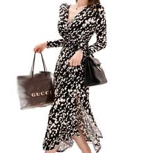Maxivestido negro de manga larga para mujer, elegante vestido de algodón con estampado floral y cuello de pico, informal, suelto, bohemio 2024 - compra barato