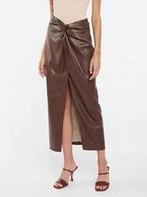 2021 Spring Summer New Women Pleated Slit Skirt High Waist A-line Fuax Leather Midi Skirt 2024 - buy cheap
