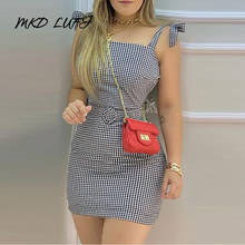 Tied Shoulder Plaid Mini Dress with Waist Belt Women 2024 - buy cheap