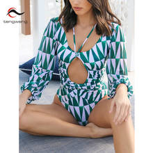 Vintage One Piece Swimsuit Long Sleeve Swimwear Women Leaf Print Monokini Sexy String Bodysuit Bathing Suit Backless Beachwear 2024 - buy cheap
