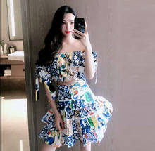 Summer 2019 Fashion Women Skirt Suit Off Shoulder Short Sleeve Bandage Shirt Floral Print Cascading Ruffles Skirt Two Piece Set 2024 - buy cheap