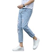 Wholesale 2022 Ripped Elastic Jeans Youth Spring Summer Models Slim Feet Korean Trend Men's Wild Beggar Ankle Length Pants 2024 - buy cheap