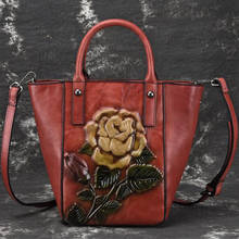 Bolsa transversal de couro gravado genuíno, bolsa tote de mão com estampa de rosa vintage para mulheres, bolsas clássicas de ombro tipo carteiro 2024 - compre barato