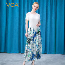 VOA Silk O-Neck White Dresses for Women Party AE806 Vestido Feminino 2021 Summer Print Wave Cut Line Pleated Harajuku Dress 2024 - buy cheap