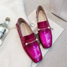 Womens Low Heel Patent Leather Pearls Rhinestones Loafer Square Toe Casual Shoes New Slip on OL Career 3Colors Fashion New 2022 2024 - buy cheap