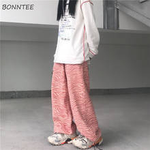 Calças femininas largas, casual, estilo de rua, solto, estampa zebra, cintura elástica, plus size, estética, rosa 2024 - compre barato