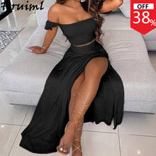 Sexy Split Skirt and Top Set Off Shoulder Strapless Crop Top Long Skirt Set summer Solid Black Beach Club Outfits Mujer Faldas 2024 - buy cheap