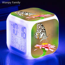 Borboleta muito bonita led despertador 7 cores brilhantes relógio despertador digital crianças presente de aniversário multifunções flash watche 2024 - compre barato