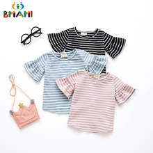 Baby Girls Dress 2022 New Blue Stripe Summer Cotton Casual Tops Kids Clothing T Shirt T-shirt Ruffled Sleeve Children 0-4Y 2024 - buy cheap