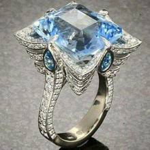 Anillo de piedra azul grande de lujo para mujer y niña, anillos de cristal de corte princesa, joyería para fiesta de compromiso, regalos 2024 - compra barato