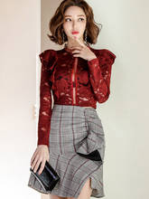 New arrival women temperament sexy lace perspective shirt mini ruffles trumpet skirt fashion vintage high quality women set 2024 - buy cheap