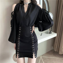 2PC Fashion Dress Suits Women Cold Shoulder Lantern Sleeve Black Shirts&High Waist Mini Skirt Sets Two Piece Chic Dress Outfits 2024 - buy cheap