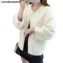 2021 Women Casual Coat Mink Fur Solid Female Three Quarter Sleeve O Neck Jacket Winter with Beading Cardigan Top Woman 2024 - buy cheap