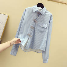Woman Sky Blue Vertical Stripe Blouse New Long-sleeved Personality Buttons Lapel Blusas Women's Pocket Shirt Tops Lady Shirts 2024 - buy cheap
