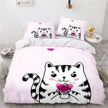 Conjunto de cama estampado com gato, capa de edredom e fronha para crianças, duplo, queen e king size, rosa 2024 - compre barato