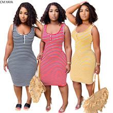 CM.YAYA Women 2020 Summer Striped Button Up O-neck Sleeveless Knee Length Bodycon Midi Dress Casual Vintage Pencil Tank Dresses 2024 - buy cheap
