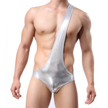 Sexy Mens Bodysuits Shiny PU Leather Clubwear Party Costume One Shoulder Penis Pouch Wrestling Singlet Jumpsuits Gay Underwear 2024 - buy cheap