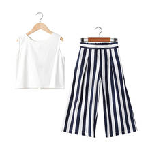 Korean Summer Girls Clothing Set Teenage White Set Sleeveless Tops and Wide Leg Pants Blue Stripes Outfits for Kids 8 12 Years 2024 - buy cheap