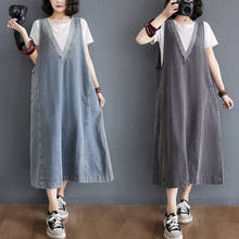 Vintage Denim Dress Women 2021 New Summer Sleeveless Solid V-neck Slim Fit A Line Jeans Midi Dress Vestidos 2024 - buy cheap