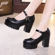 New 2022 Small Size 33-43 Block High Heels Shoes Soft Leather Mary Janes Shallow Thick Platform Pumps Women Black Mom Work Shoe 2024 - buy cheap