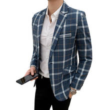 2022 Vintage Plaid Blazer British Stylish Male Suit Jacket Business Casual One Button Dress Coat Men Hombre M-3XL 2024 - compre barato