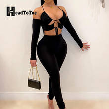 Solid Lace Up Hallow Out Draped Sexy Club Two Piece Outfits Woman Long Sleeve Off Shoulder V Neck Pencil Slim 2 Piece Set Women 2024 - buy cheap
