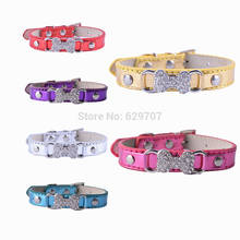 Rhinestones Bone Dog Collar Perro Pu Leather Dog Collars Adjustable 8-11'' Puppy Accessories Pet Supplies Pink Red Gold Colors 2024 - buy cheap