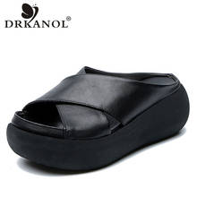 DRKANOL Women Slippers Summer Wedges Shoes Quality Genuine Leather Peep Toe Retro High Heel Sandals Women Platform Slippers 2024 - buy cheap