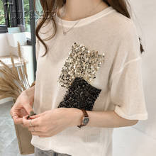 Новинка лета 2020, Корейская женская футболка с блестками и карманами, повседневная женская футболка с коротким рукавом 2024 - купить недорого