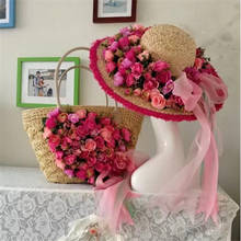 Lafite-Bolso de playa tejido para mujer, bolsa de paja y flor, sombrero para el sol, rosa de gran capacidad, hecho a mano, con lazo 2024 - compra barato