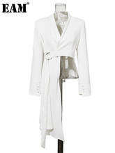 [EAM] 2021 новая весенне-осенняя Женская куртка с v-образным вырезом и длинным рукавом с белым поясом на пуговицах, модное пальто JX600 2024 - купить недорого